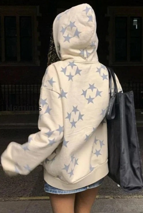 Star Print Zip Up Hoodie
