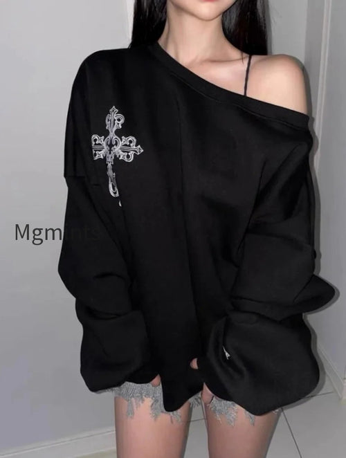 Dark Off Shoulder Pullover Hoodie
