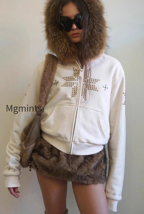Glam Rhinestone Faux Fur Collar Zip Waist Cinch Hoodie